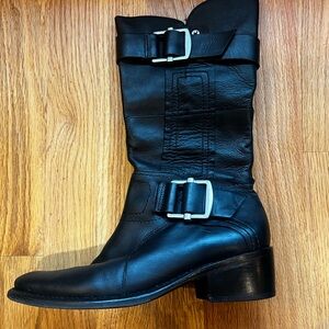 Vera Wang Lavender Chantel Black Leather Biker Moto Buckle Boots